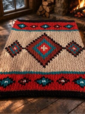Handmade Southwestern Hand Knit Blanket in Cream, Red & Teal
